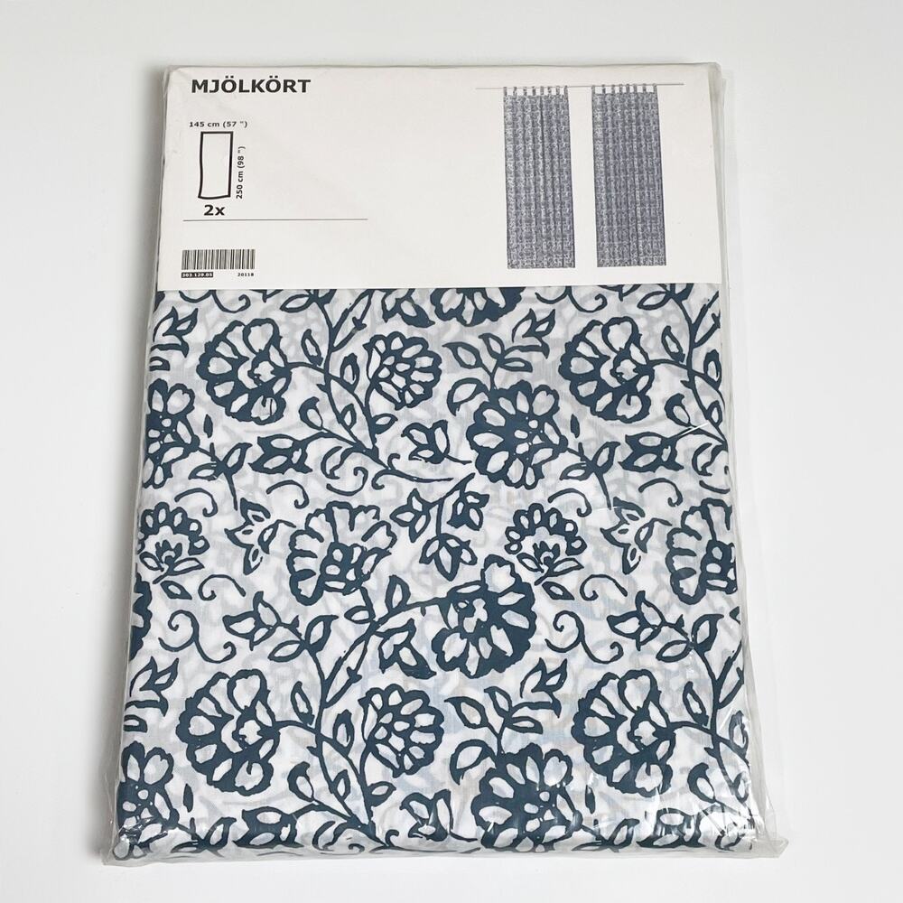 Ikea Mjolkort Curtain Panels 57 x 98 Blue White Floral
